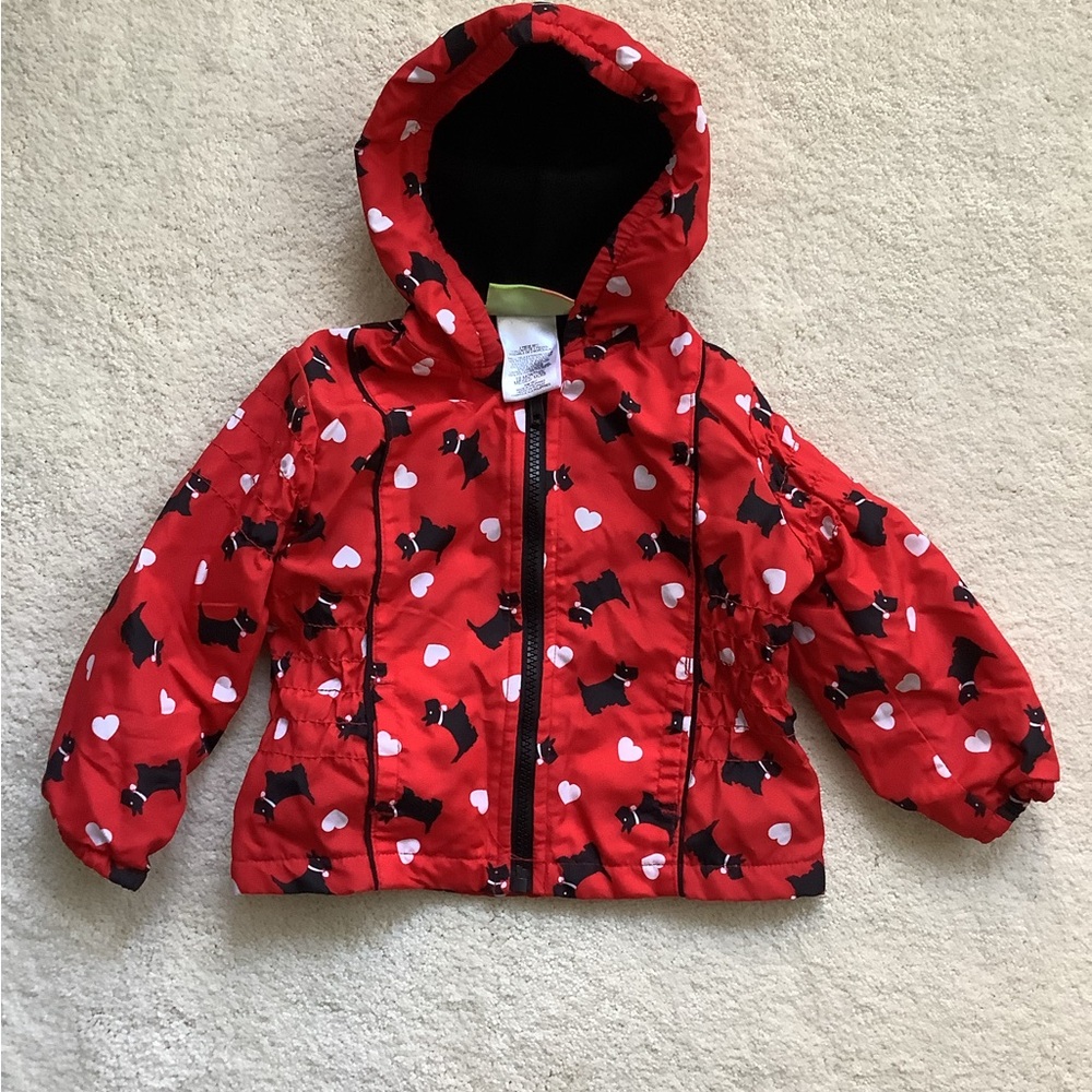 EUC Penelope Mack Red Black White Scottie Dog Raincoat Zipper Lined 18 Months